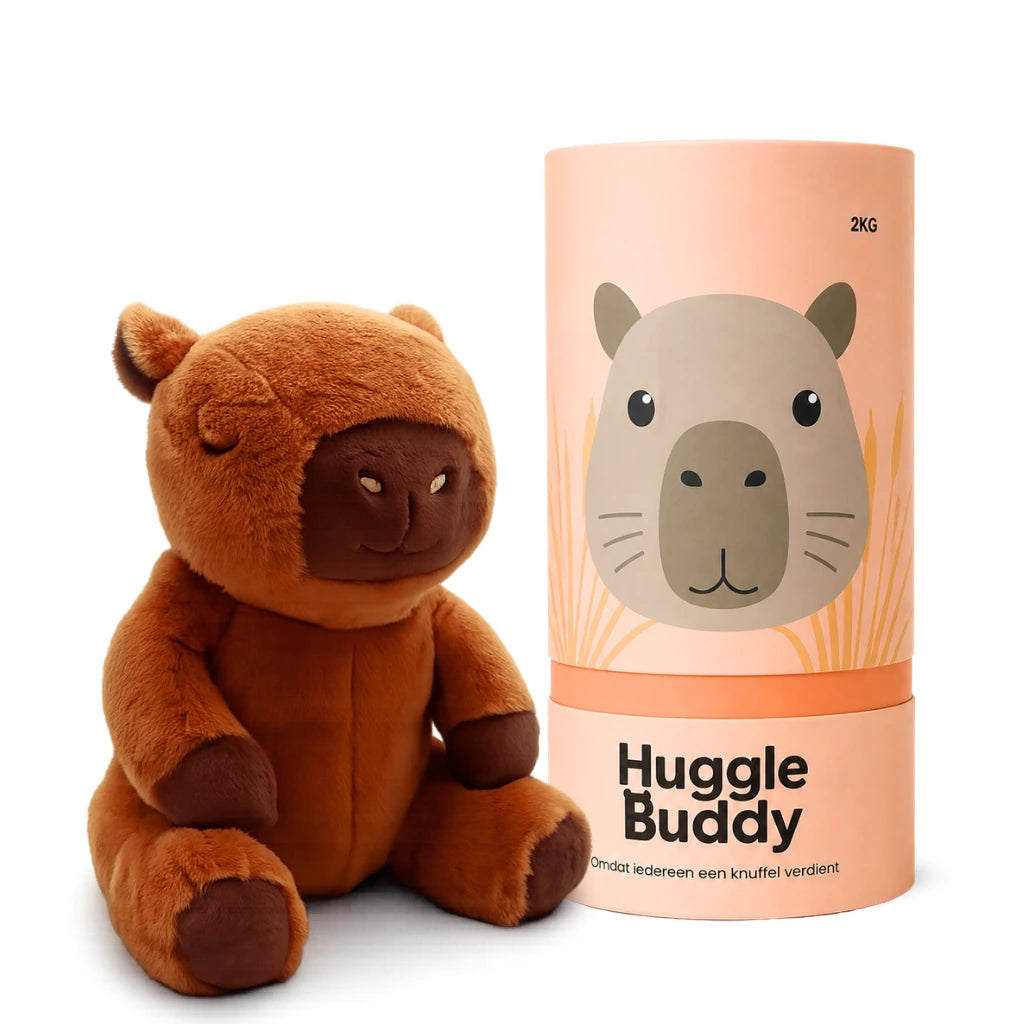 Huggle Buddy Capybara Verzwaringsknuffel (2kg) vooraanzicht knuffel met koker